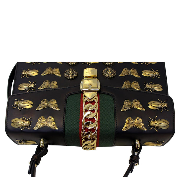 GUCCI Sylvie Animal Studs Calfskin Medium Top Handle Bag Black-US