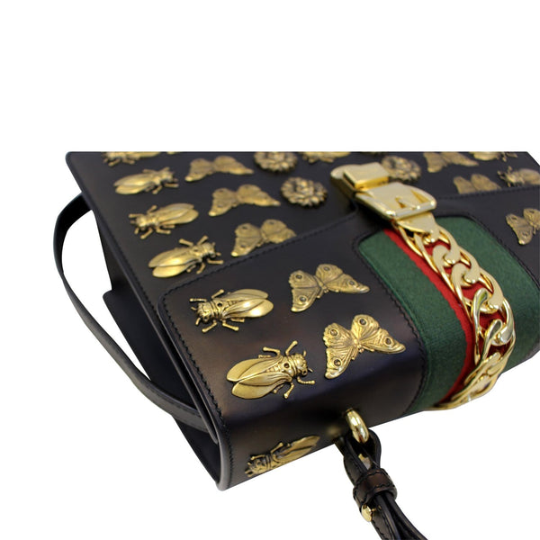GUCCI Sylvie Animal Studs Calfskin Medium Top Handle Bag Black-US