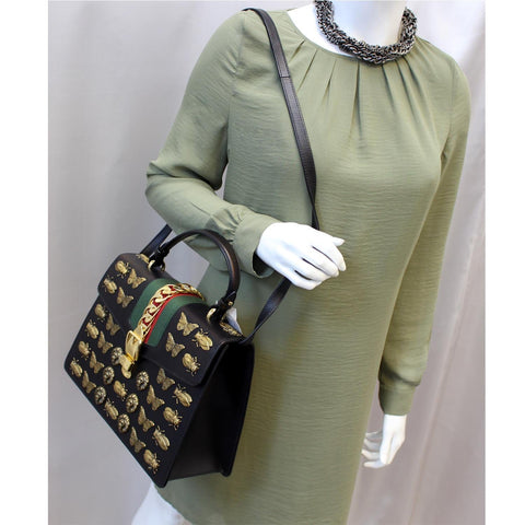 GUCCI Sylvie Animal Studs Calfskin Medium Top Handle Bag Black-US