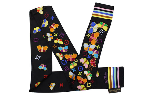 LOUIS VUITTON Black Multicolor Monogram Silk Slim Scarf Bandeau Headband Tie