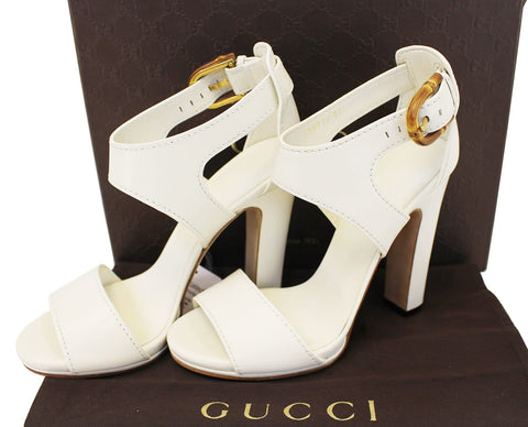 GUCCI Lifford Leather Off White Platform Sandal Bamboo Buckle 338712