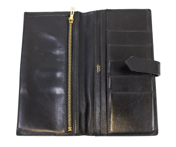 HERMES Bearn Leather Black Long Bifold Wallet