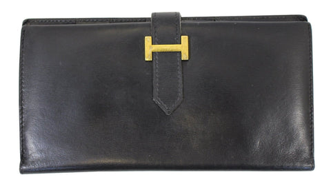 HERMES Bearn Leather Black Long Bifold Wallet