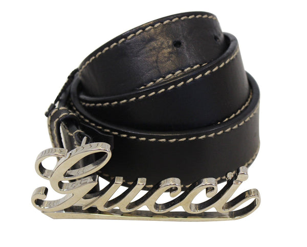Gucci Black Leather Script Buckle Belt Size 85/34