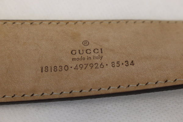 Gucci GG Canvas Beige Script Buckle Belt Size 85/34