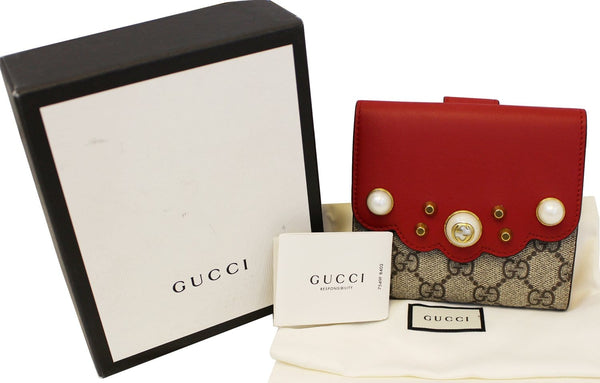 GUCCI GG Supreme French Flap Wallet Pearl Studded  431480