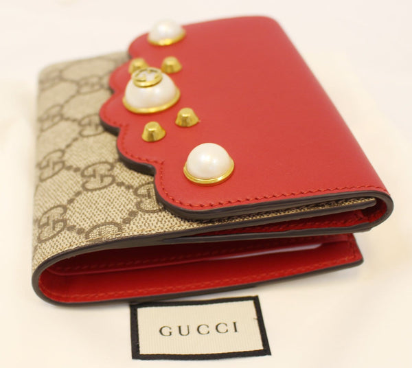 GUCCI GG Supreme French Flap Wallet Pearl Studded  431480