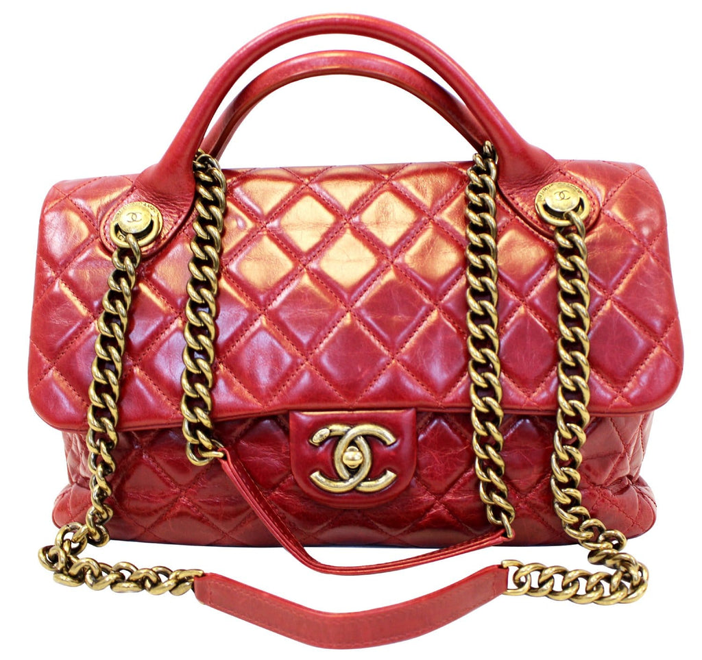 CHANEL Red Quilted Glazed Calfskin Leather Large Castle Rock Top Handl