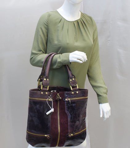 JIMMY CHOO Purple Liquid Patent Leather and Suede Mona Tote Bag