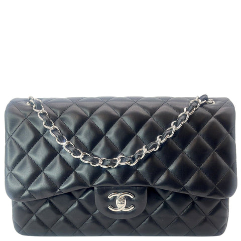 CHANEL Classic Jumbo Double Flap Lambskin Leather Shoulder Bag Black