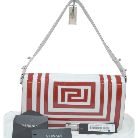 Versace Patent Leather Red/White Short Handle Flap Shoulder Bag - Last Call