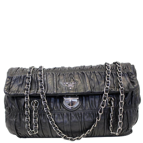 PRADA Black Nappa Leather Gaufre Ruched Flap Shoulder Bag - Sale