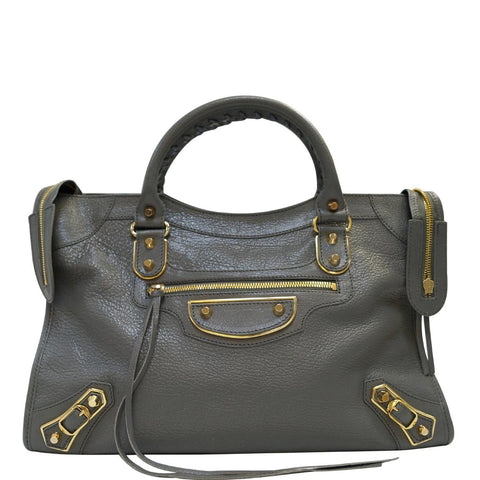 BALENCIAGA Grey Leather Metallic Edge City Shoulder Handbag