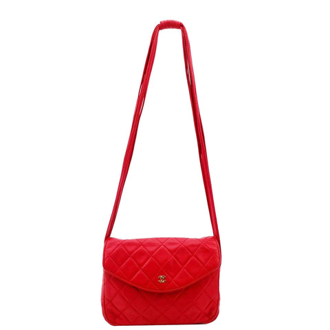 CHANEL Vintage Flap Lambskin Leather Shoulder Bag Red