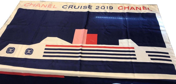 CHANEL Cruise 2019 Silk Scarf White/Blue/Red
