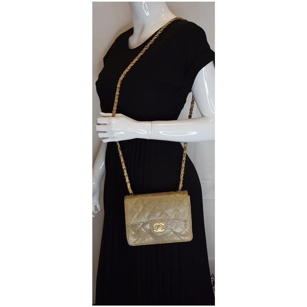 Chanel Vintage Mini Square Flap Lizard Shoulder Bag wear