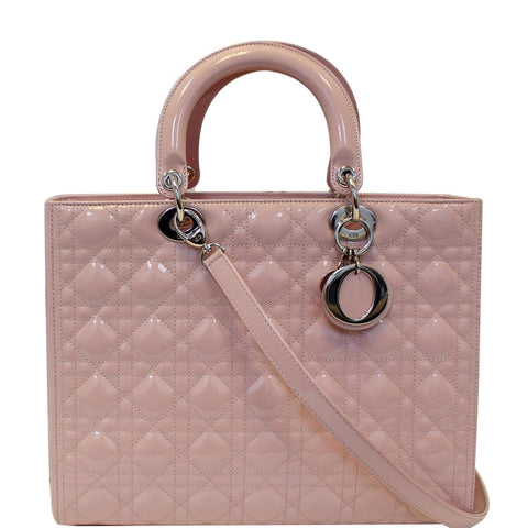 CHRISTIAN DIOR Quilted Patent Leather Lady Dior Large Shoulder Bag Pink