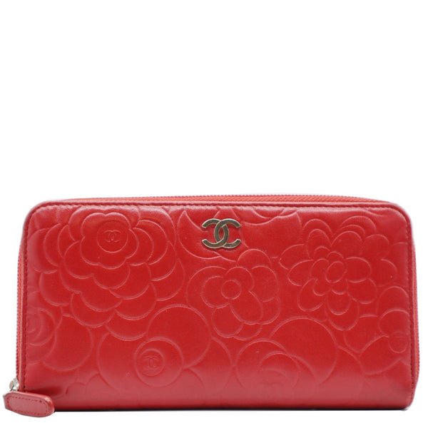 CHANEL Zippy Camellia Embossed Leather Wallet Red