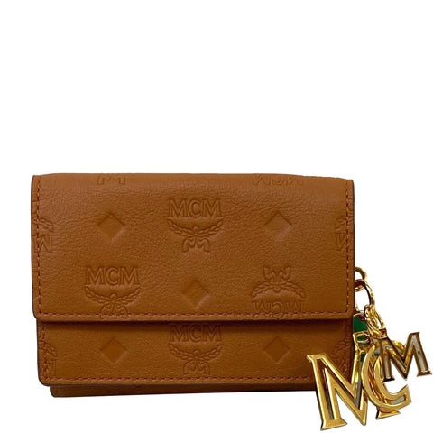 MCM Klara Trifold Mini Monogram Leather Charm Wallet Cognac