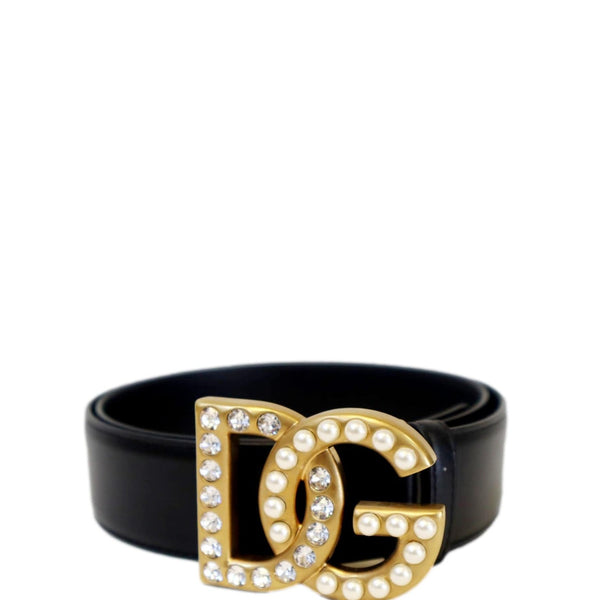 Dolce & Gabbana Logo Rhinestones Leather Belt in Black - Front