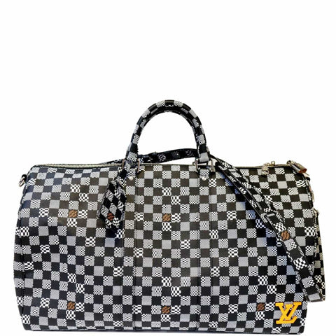 LOUIS VUITTON Keepall Bandouliere 50 Damier Distorted Travel Bag White Black
