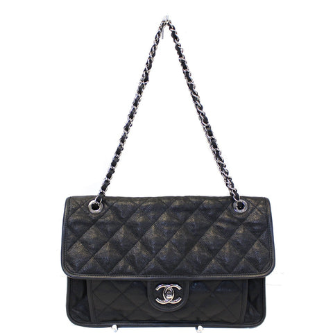 CHANEL Vintage Flap Caviar Leather Shoulder Bag Black