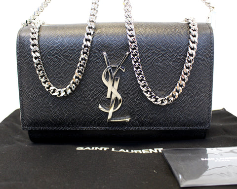 YVES SAINT LAURENT Kate Black Leather Silver Chain Clutch Crossbody Bag