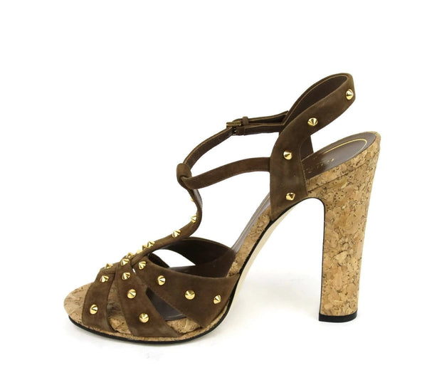 Gucci Women Brown Suede Jacquelyne Gold Studs Sandals - Gucci Sandals